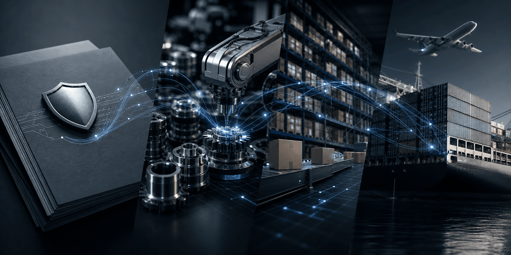 Representación de seguros, metalmecánica, logística y transporte internacional conectados mediante tecnología